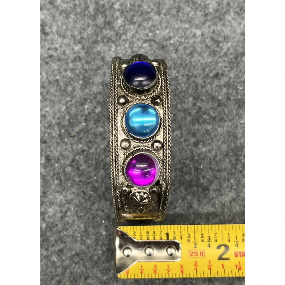 Vintage Tibetan Silver Cuff Bracelet Blue Purple Cabochon Glass Ethnic Bohemian